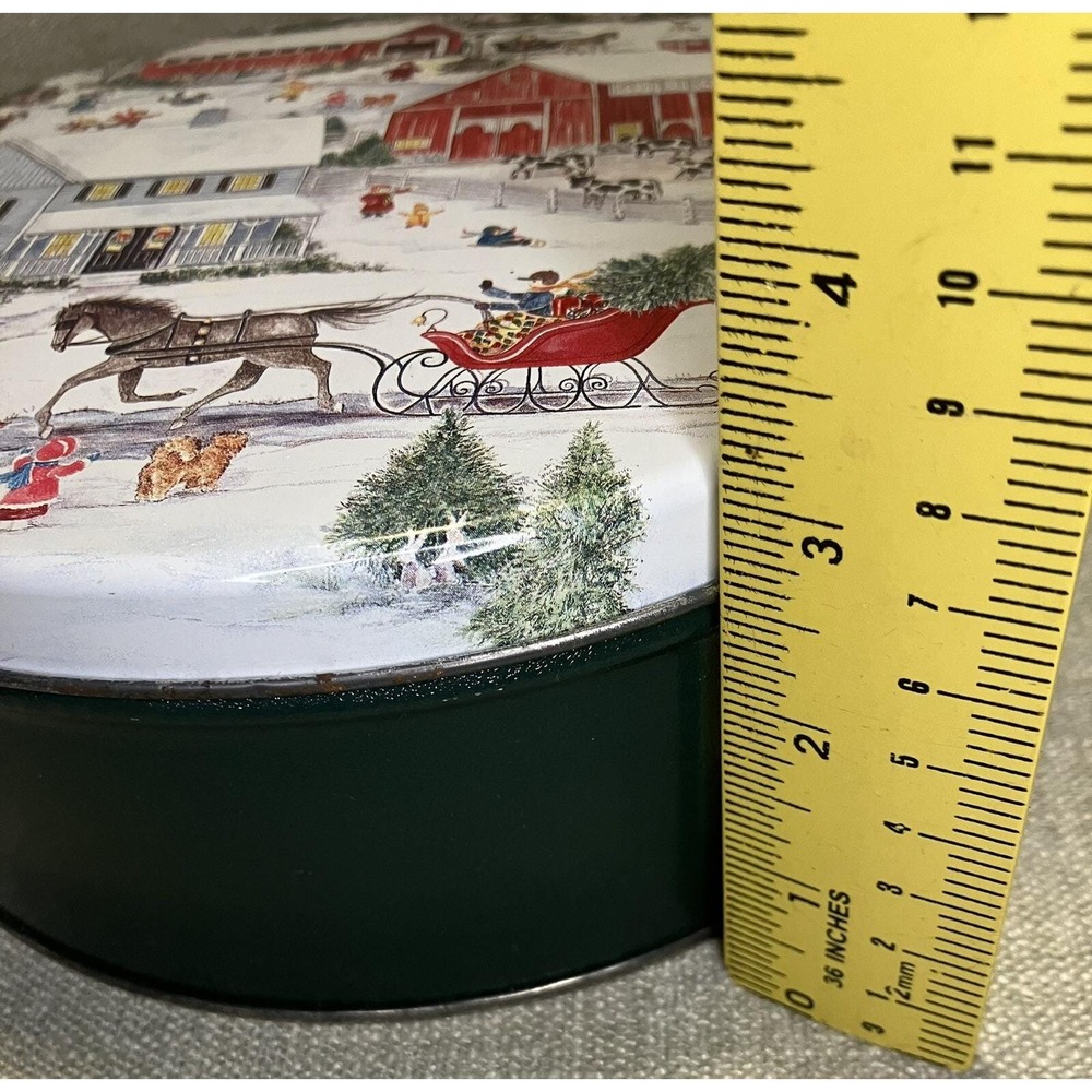 Vintage Susan Winget Winter Village Christmas Nut Tin Round Metal Storage Box 8" - Picture 6 of 6